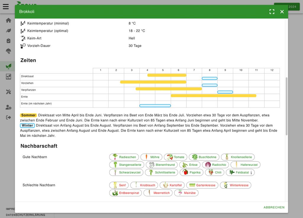 Details of a plant with planting times and neighbours