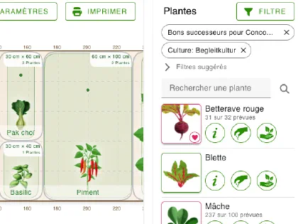 Utilise plusieurs filtres dans grove pour trouver les plantes qui conviennent à ta planche