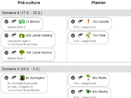 La liste des tâches dans grove pour le semis en intérieur, le repiquage en planche et l'entretien