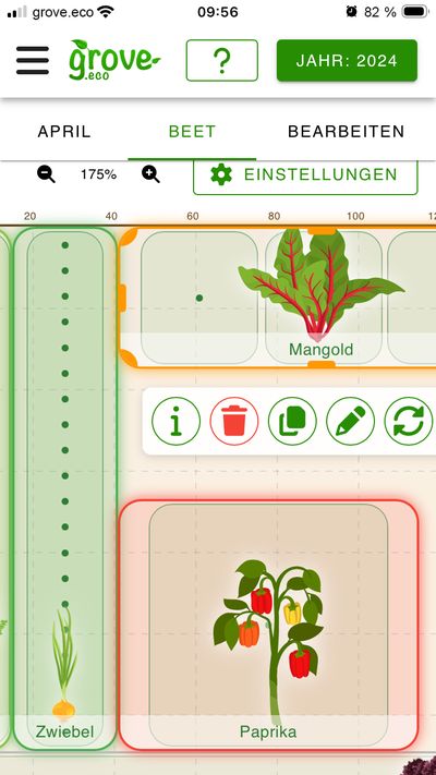 Screenshot der grove.eco iOS App mit freier Beetplanung