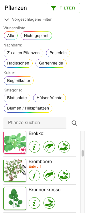 Vorgeschlagene Filter in der Pflanzenauswahl