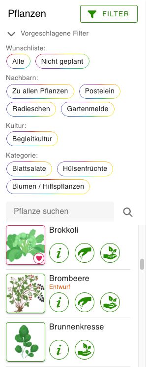 Vorgeschlagene Filter in der Pflanzenauswahl