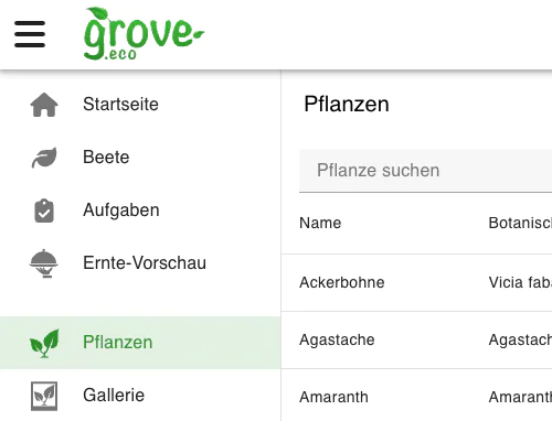 Navigation und ein Teil der Pflanzenliste
