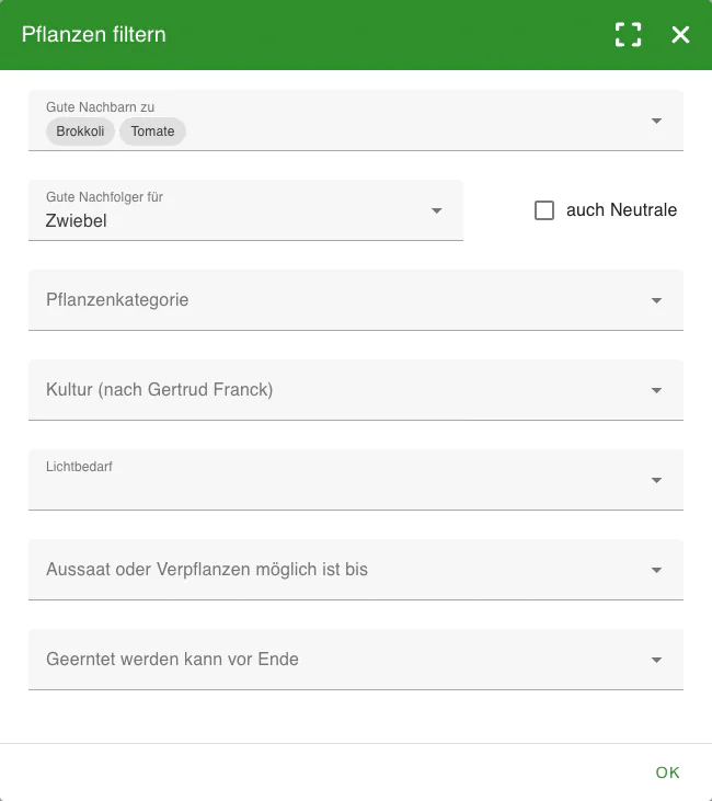 Filter-Dialog für Pflanzen