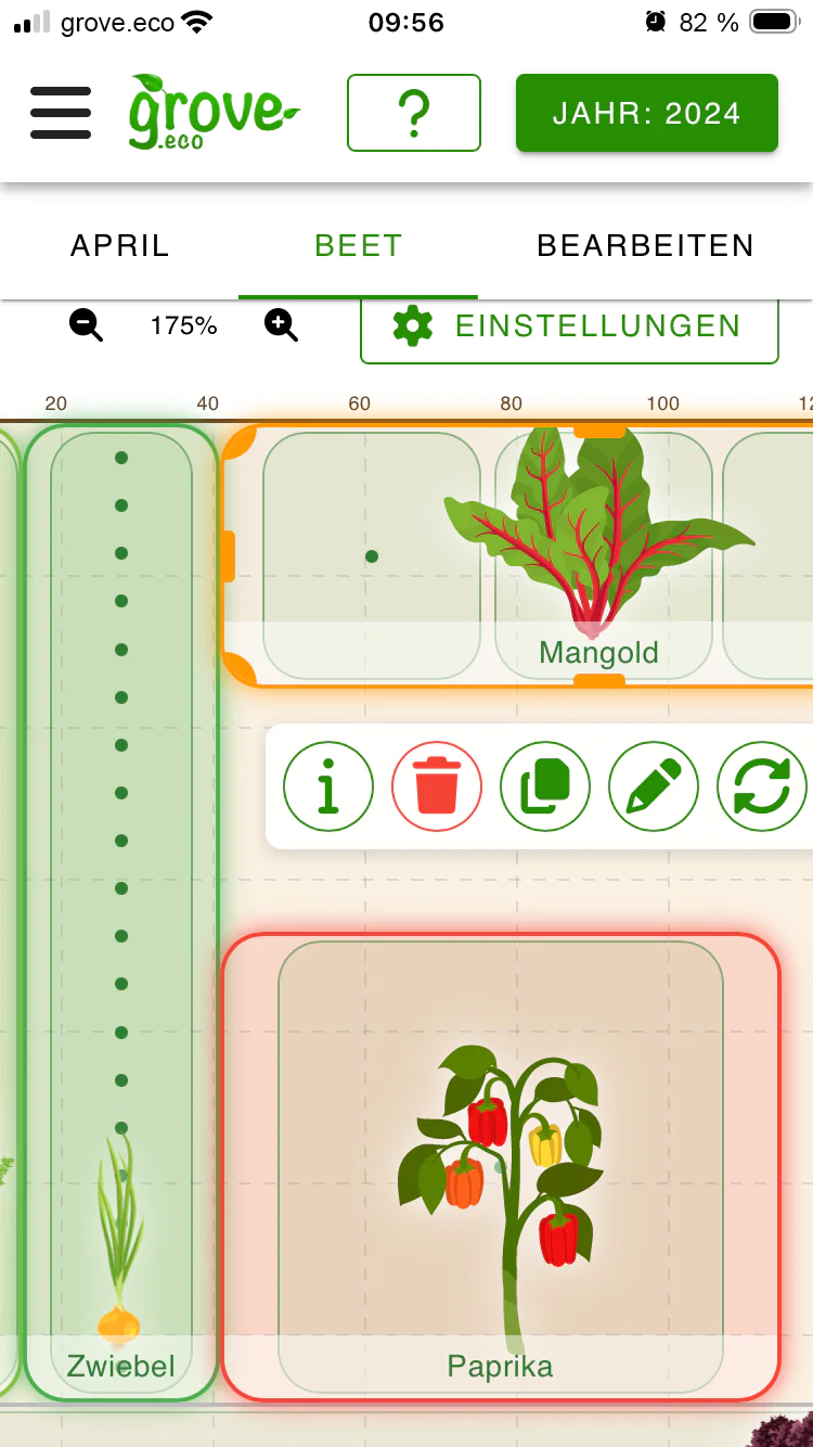 Screenshot der grove.eco iOS App mit freier Beetplanung